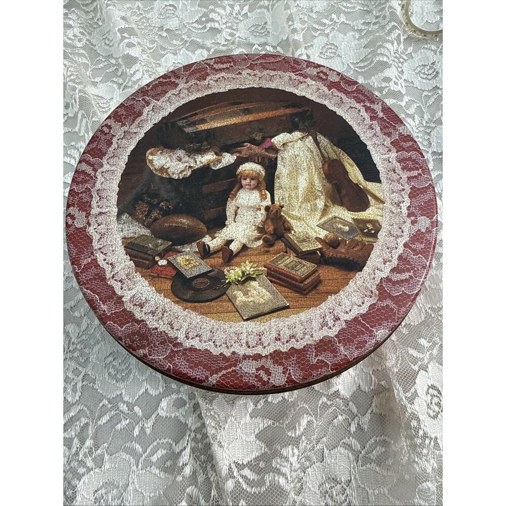 Vintage Victorian Biscuit Cookie Tin with Baby Doll Lace Trunk Books Cottage